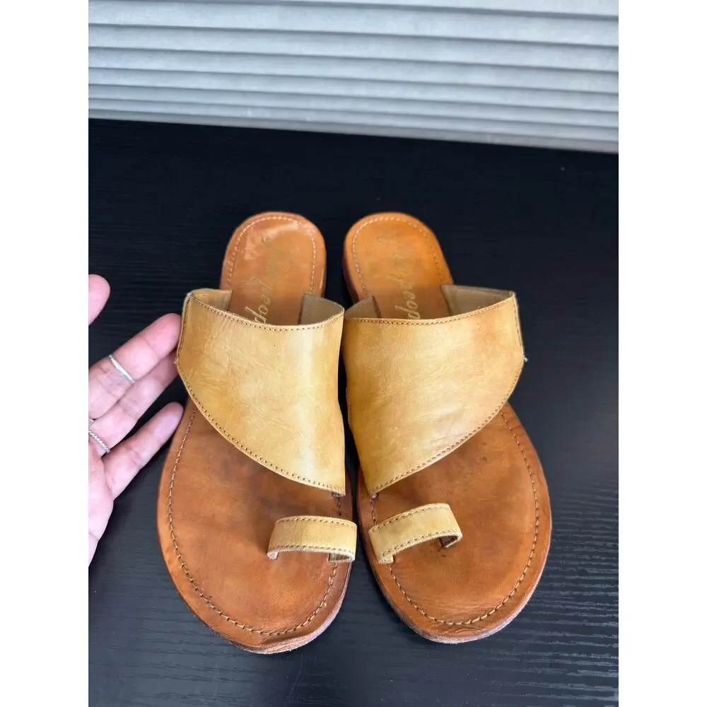 Free People Leather Toe Ring Slide Sandals Mustard Yellow EU 38 Boho